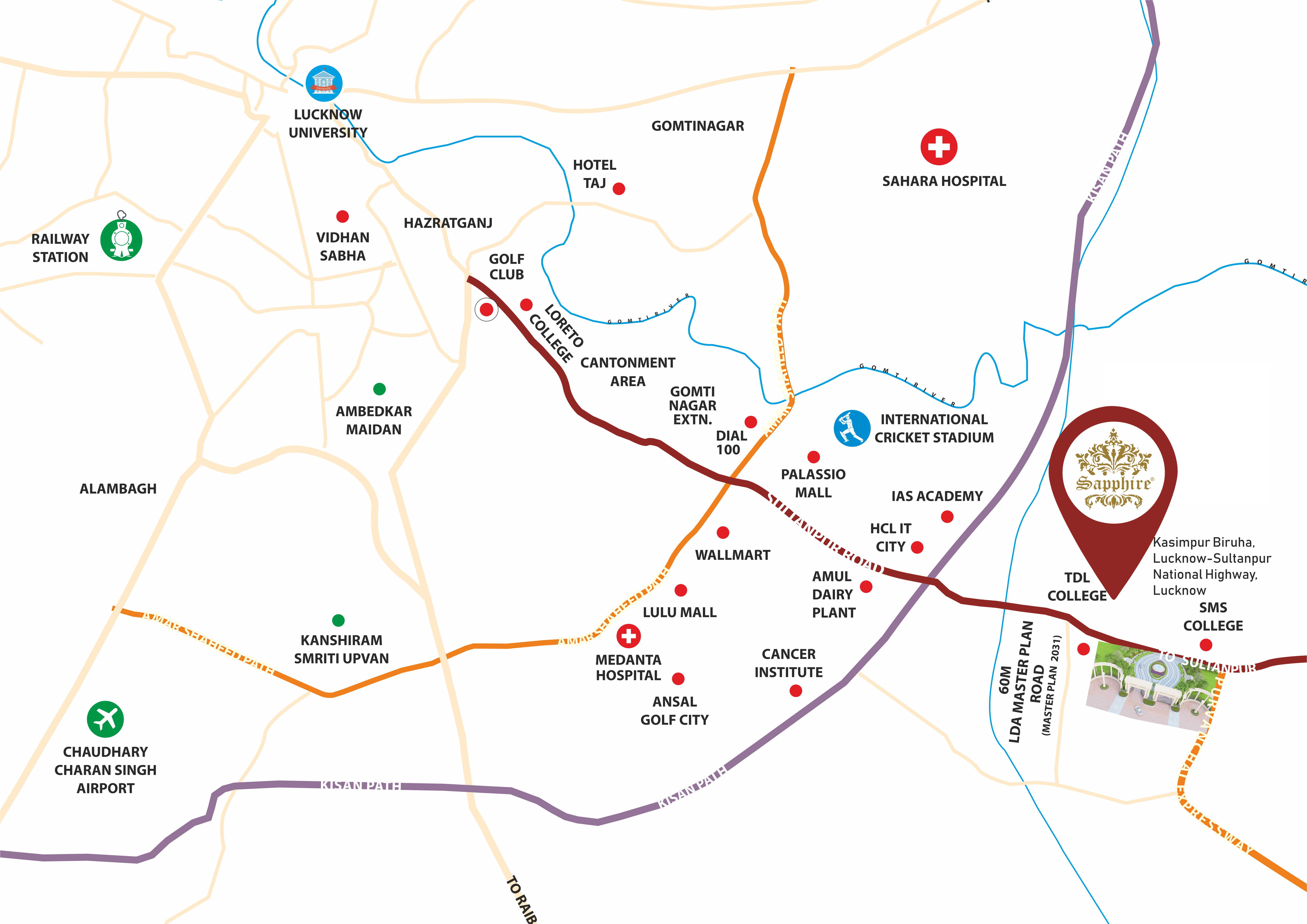 Sapphire Royale location map Sultanpur Road distance from Gomti Nagar
